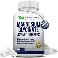 DR. MARTIN'S Nutrition premium magnesium glycinate bottle closeup with high-dose 425mg detail and wellness focus
