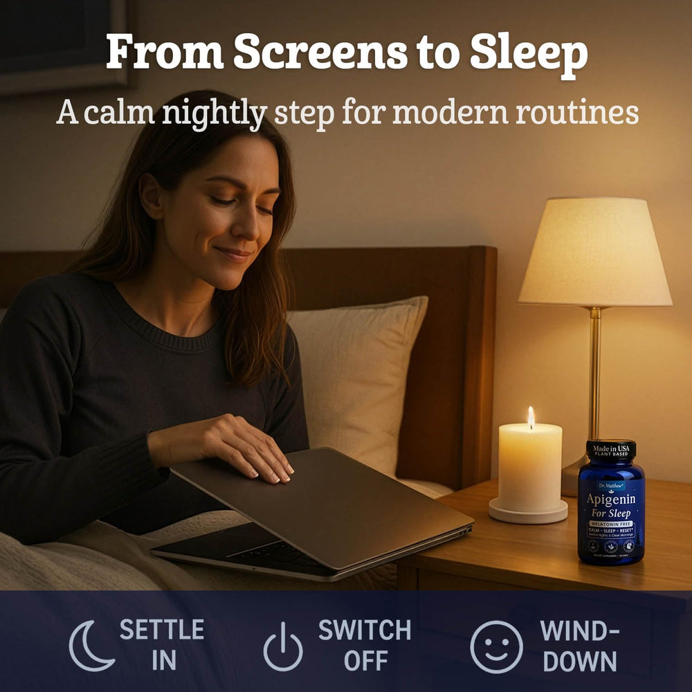 Dr. Matthew Apigenin Sleep includes L-Theanine for relaxed evenings.