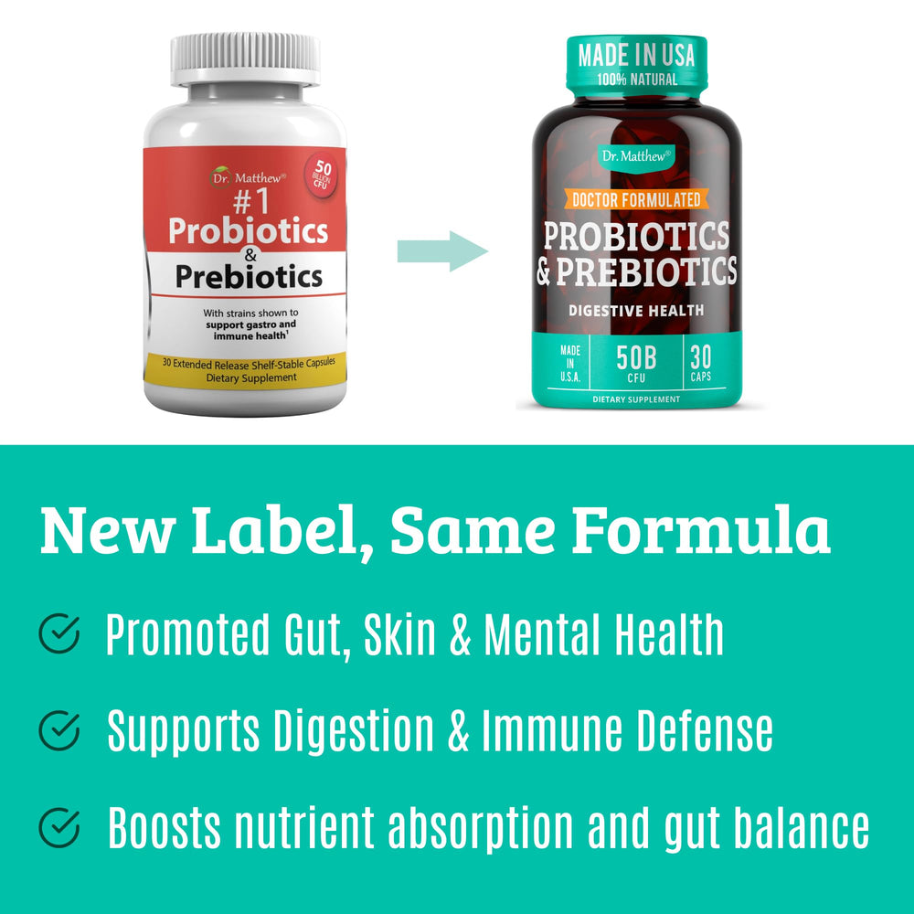 Front view of Dr. Matthew probiotic bottle on a clean surface.
