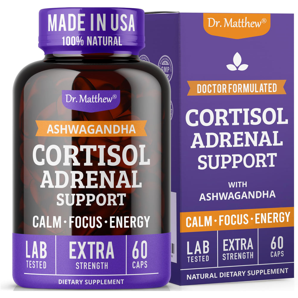 Dr. Matthew Cortisol Reducer bottle shown for stress support and daily balance