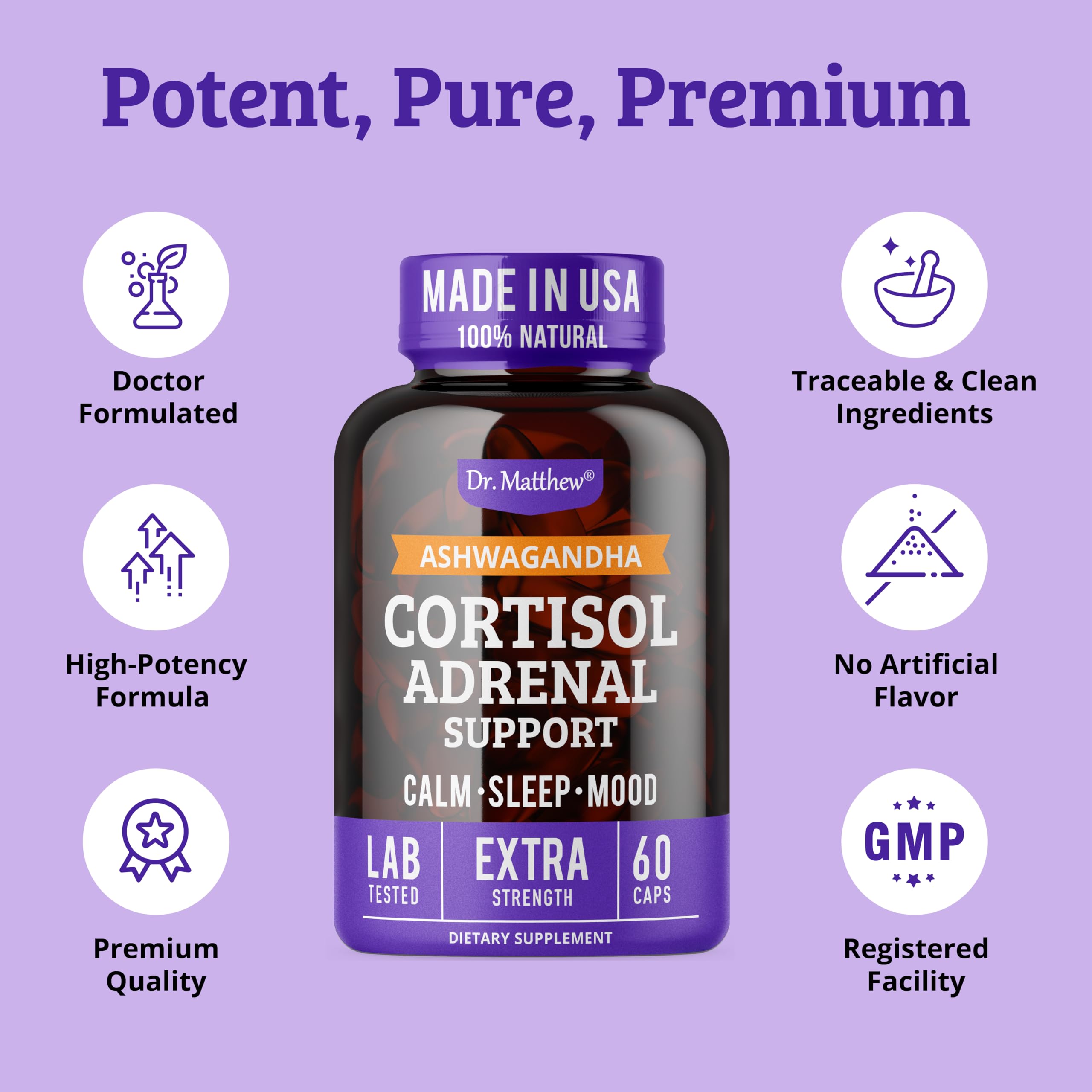 Gluten-free and dairy-free badge accompanies allergy-friendly cortisol support