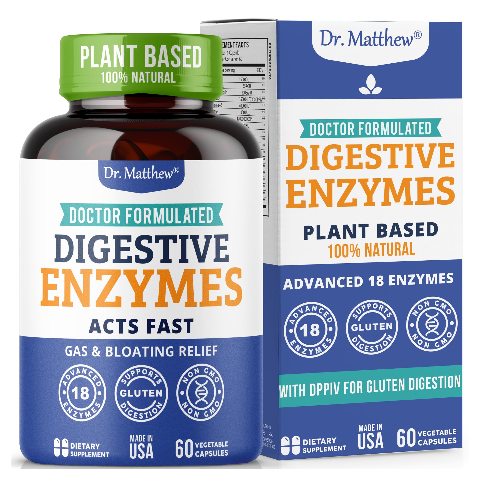 Dr. Matthew digestive enzymes bottle pour supports gentle digestion and gas relief.