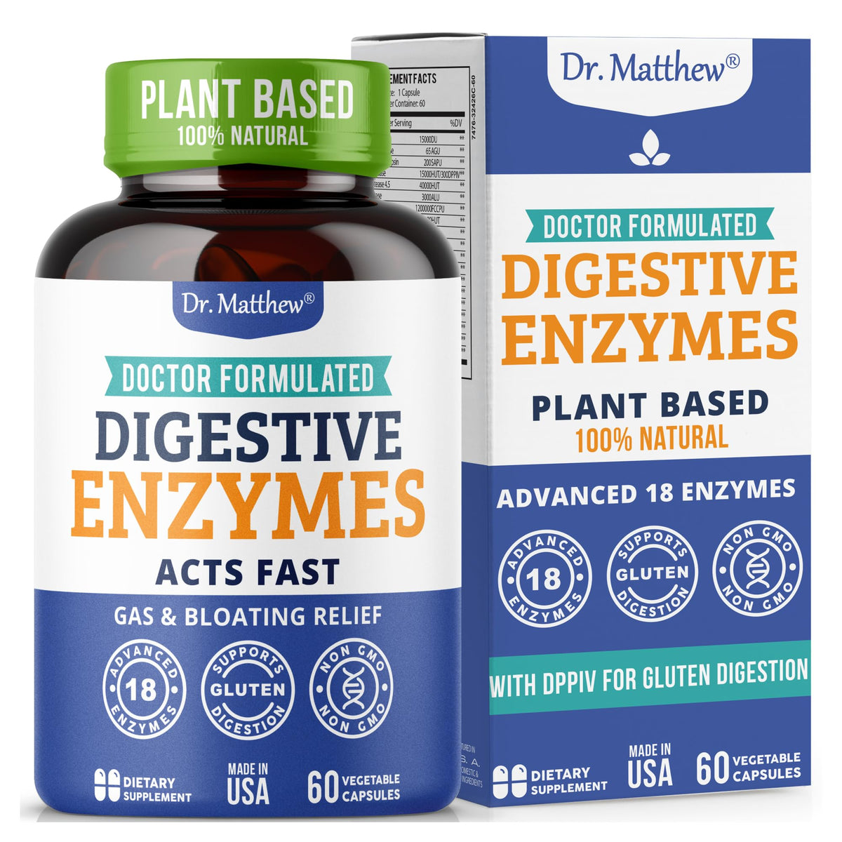 Dr. Matthew digestive enzymes bottle pour supports gentle digestion and gas relief.