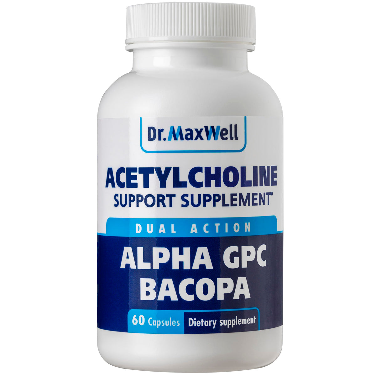 Dr. Maxwell Acetylcholine bottle with Alpha GPC capsules for cognitive support.