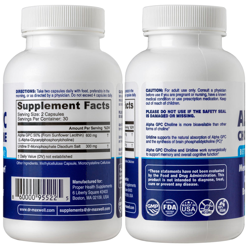 Close-up of Dr. Maxwell capsules showing a two-in-one choline blend