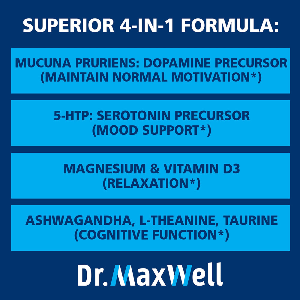 Close-up capsules from Dr. Maxwell signaling high-quality mood support ingredients.
