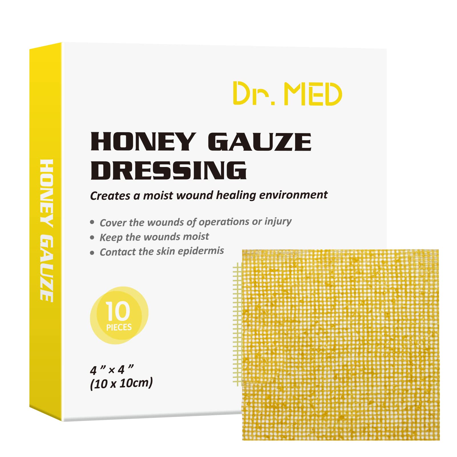 Dr. Med Honey Gauze Dressing 4x4 box promotes moist wound environment and protection.