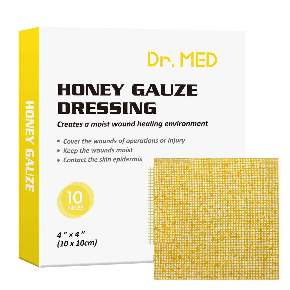 Dr. Med Honey Gauze Dressing 4x4 box promotes moist wound environment and protection.