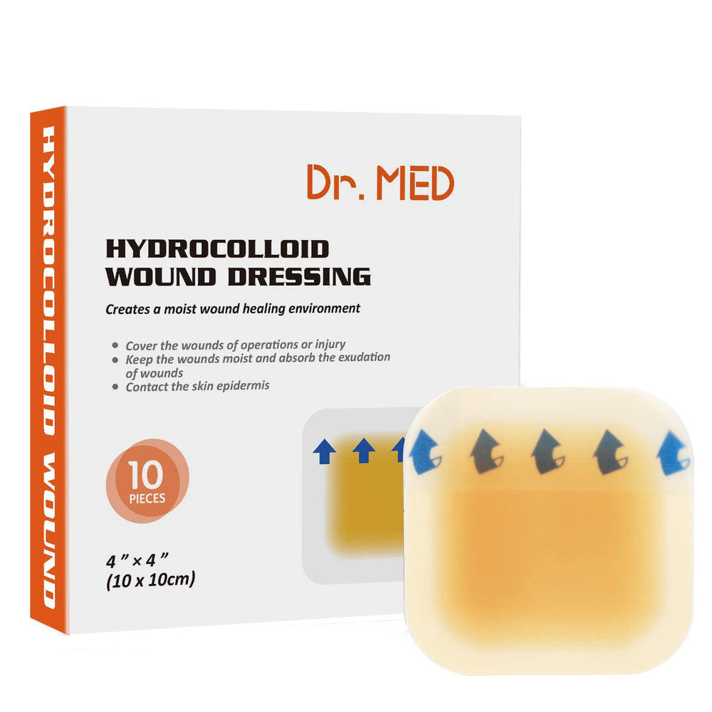 Dr. Med hydrocolloid wound dressing 4x4 box; moisture-preserving protection for light exudate wounds.