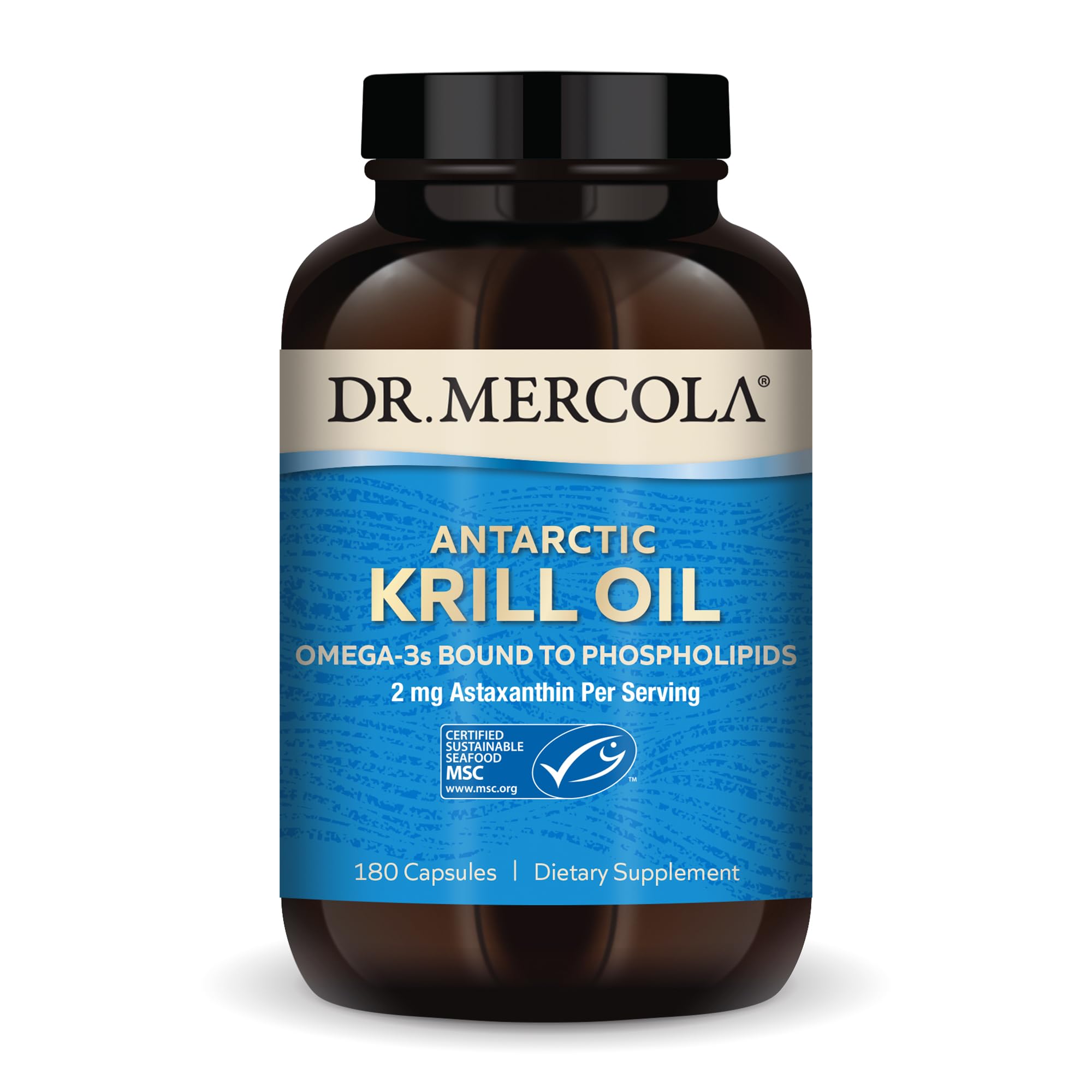 Dr. Mercola Antarctic Krill Oil bottle showing 1000 mg serving for omega-3 support