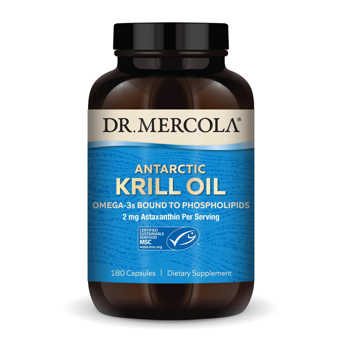 Dr. Mercola Antarctic Krill Oil bottle showing 1000 mg serving for omega-3 support