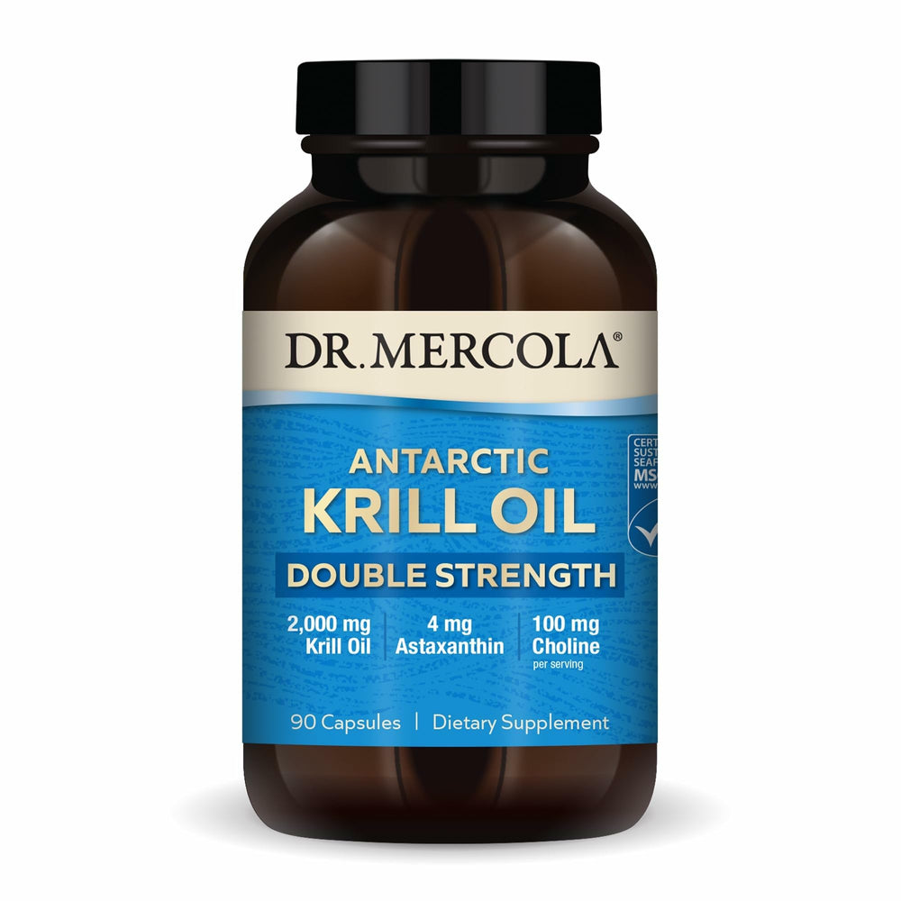 Dr. Mercola Antarctic Krill Oil bottle showing omega-3 rich content for daily support