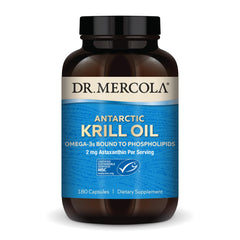 Dr. Mercola Antarctic Krill Oil bottle showing 1000 mg serving for omega-3 support