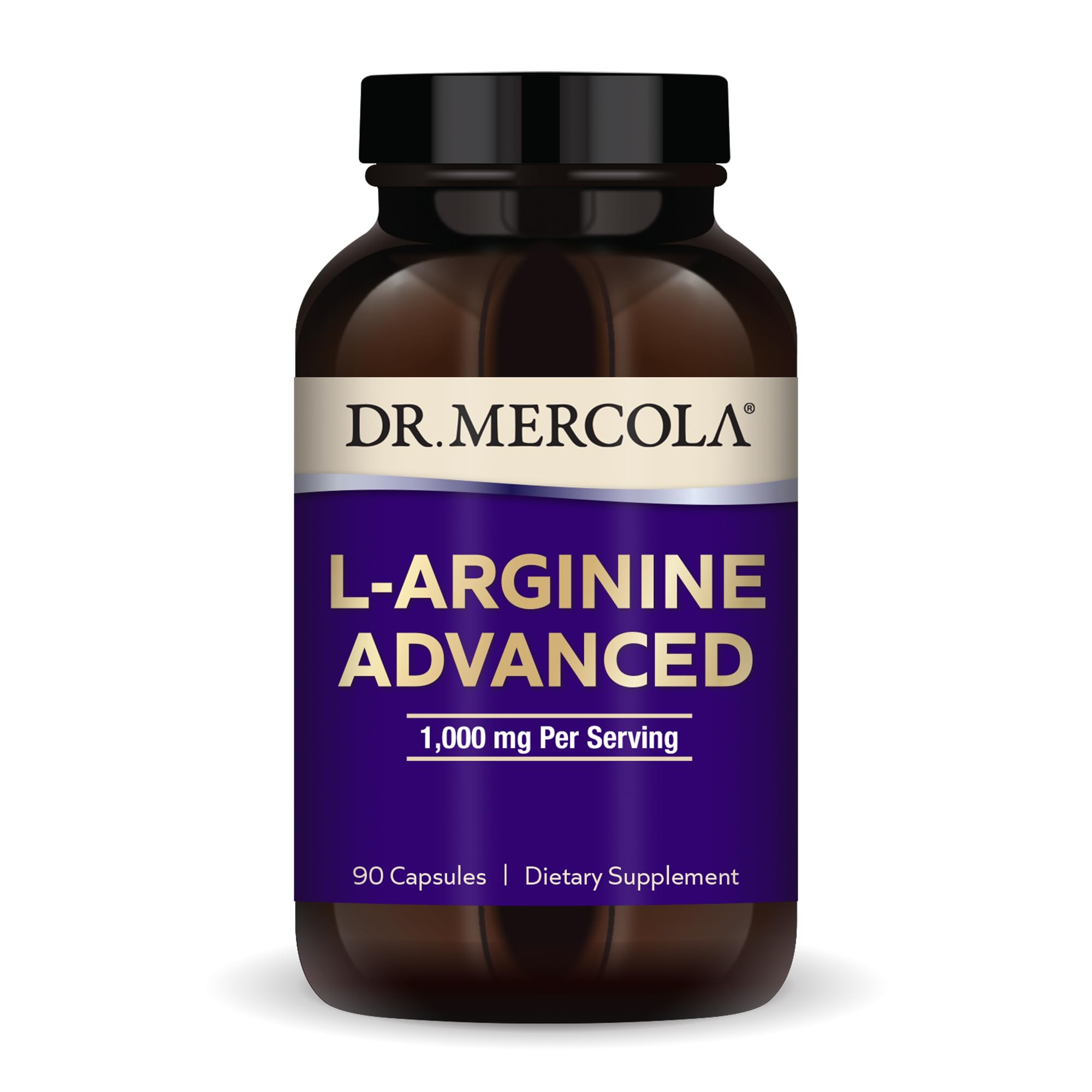 Dr. Mercola L-Arginine Advanced bottle front showing label and packaging for energy support