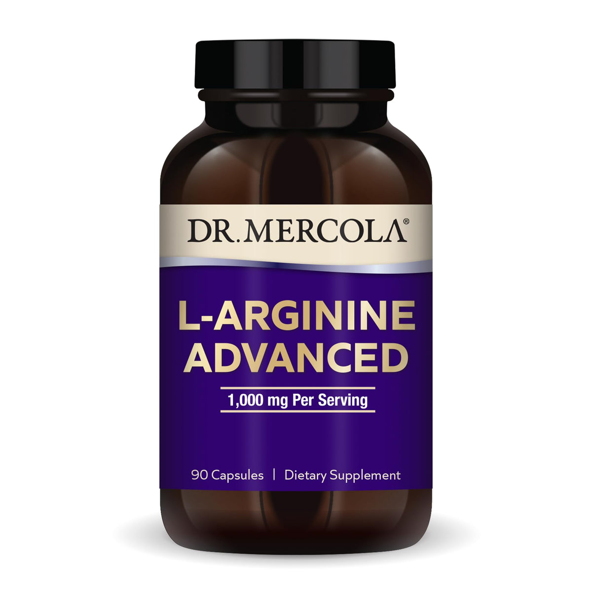 Dr. Mercola L-Arginine Advanced bottle front showing label and packaging for energy support