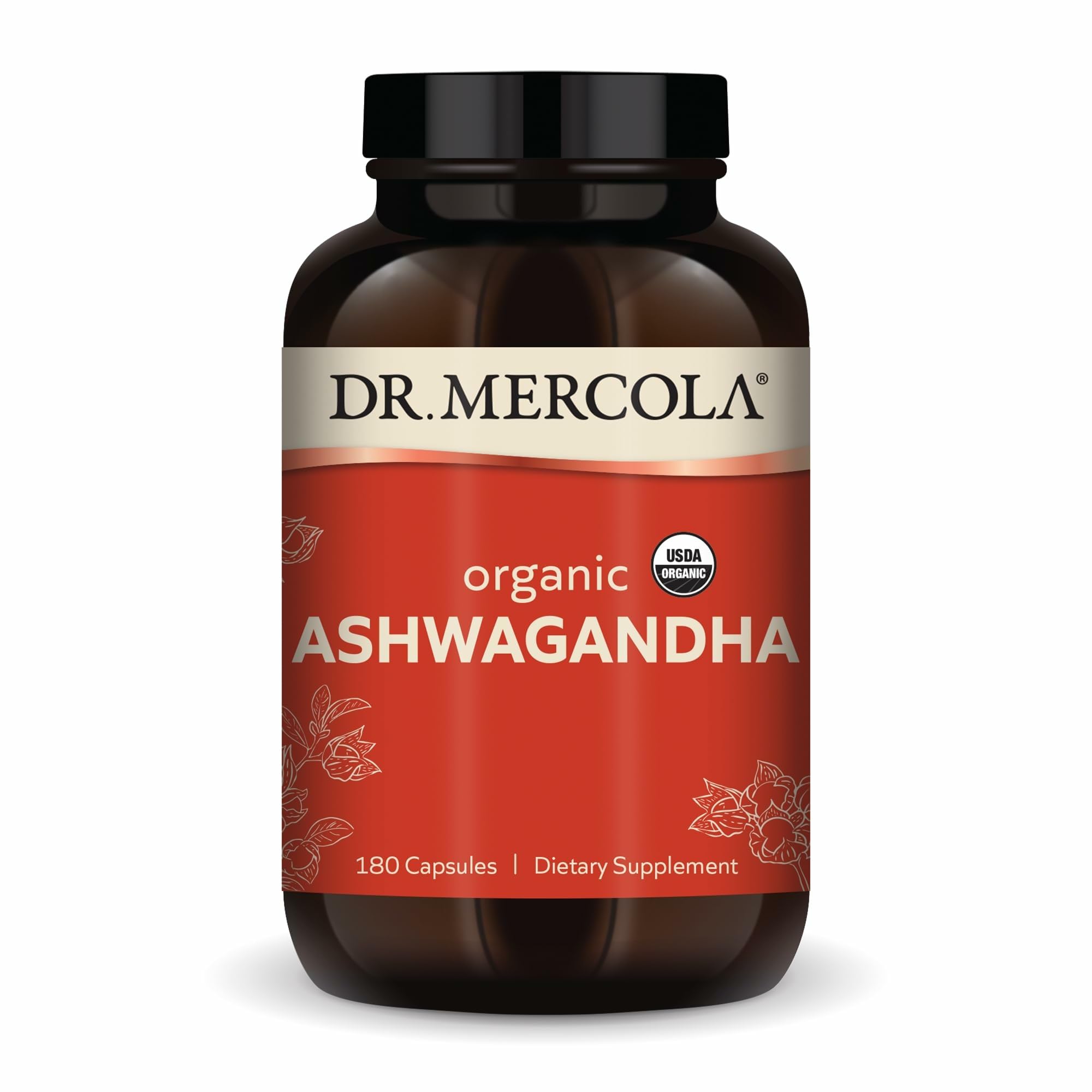 Dr. Mercola Organic Ashwagandha bottle front displaying 800 mg potency per serving
