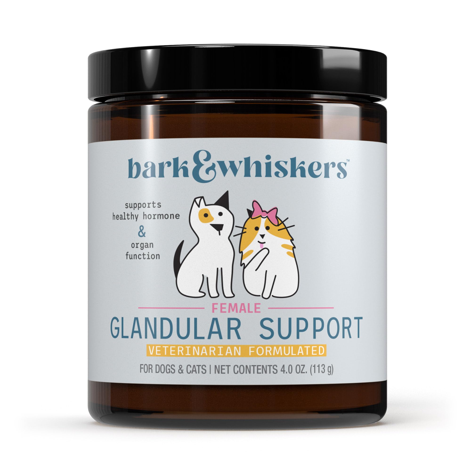 Dr. Mercola Bark & Whiskers glandular-support bottle promotes pet wellness.
