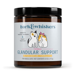 Dr. Mercola Bark & Whiskers glandular-support bottle promotes pet wellness.