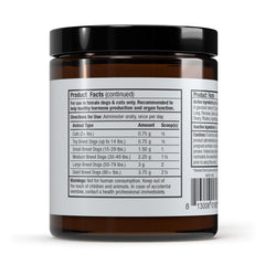 Dr. Mercola Bark & Whiskers bottle label close-up shows product details.