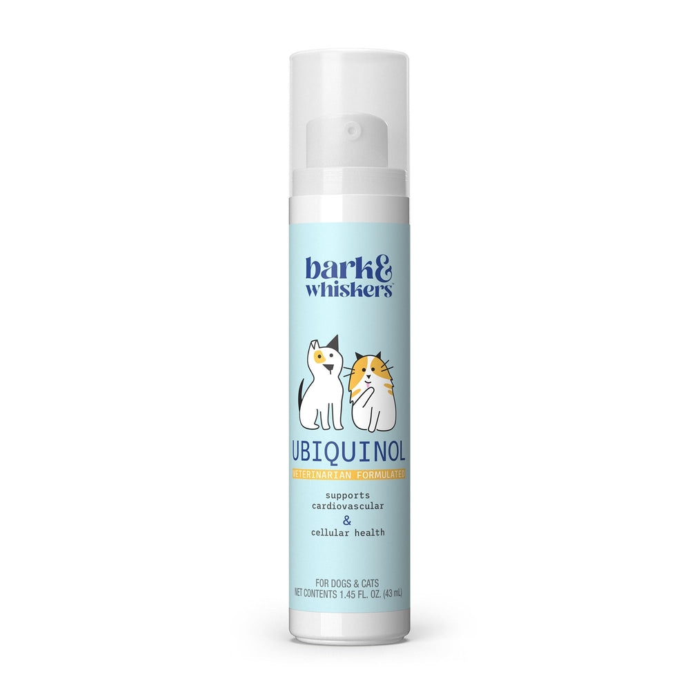 Dr Mercola Bark and Whiskers ubiquinol liquid bottle with easy dosing for pets.