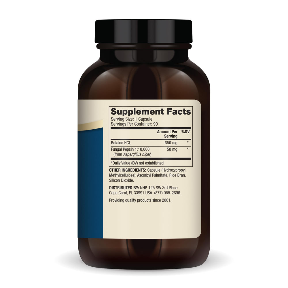 Dr. Mercola Betaine HCL & Pepsin capsules in bottle for daily digestion support