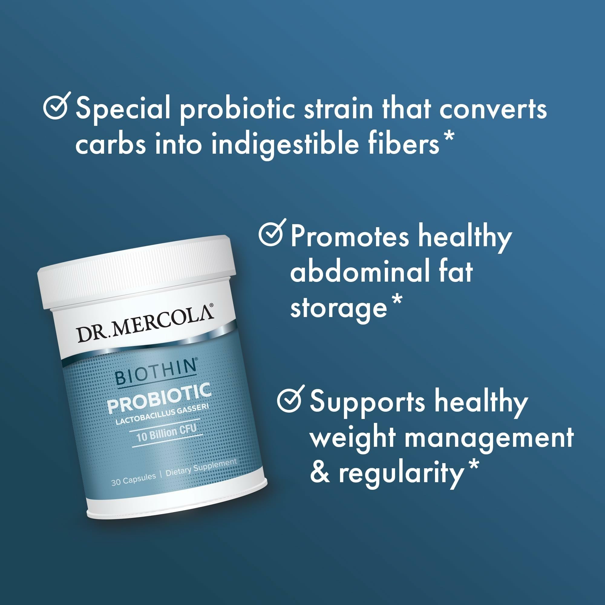 Dr. Mercola Biothin Probiotic capsules on table ready to take.