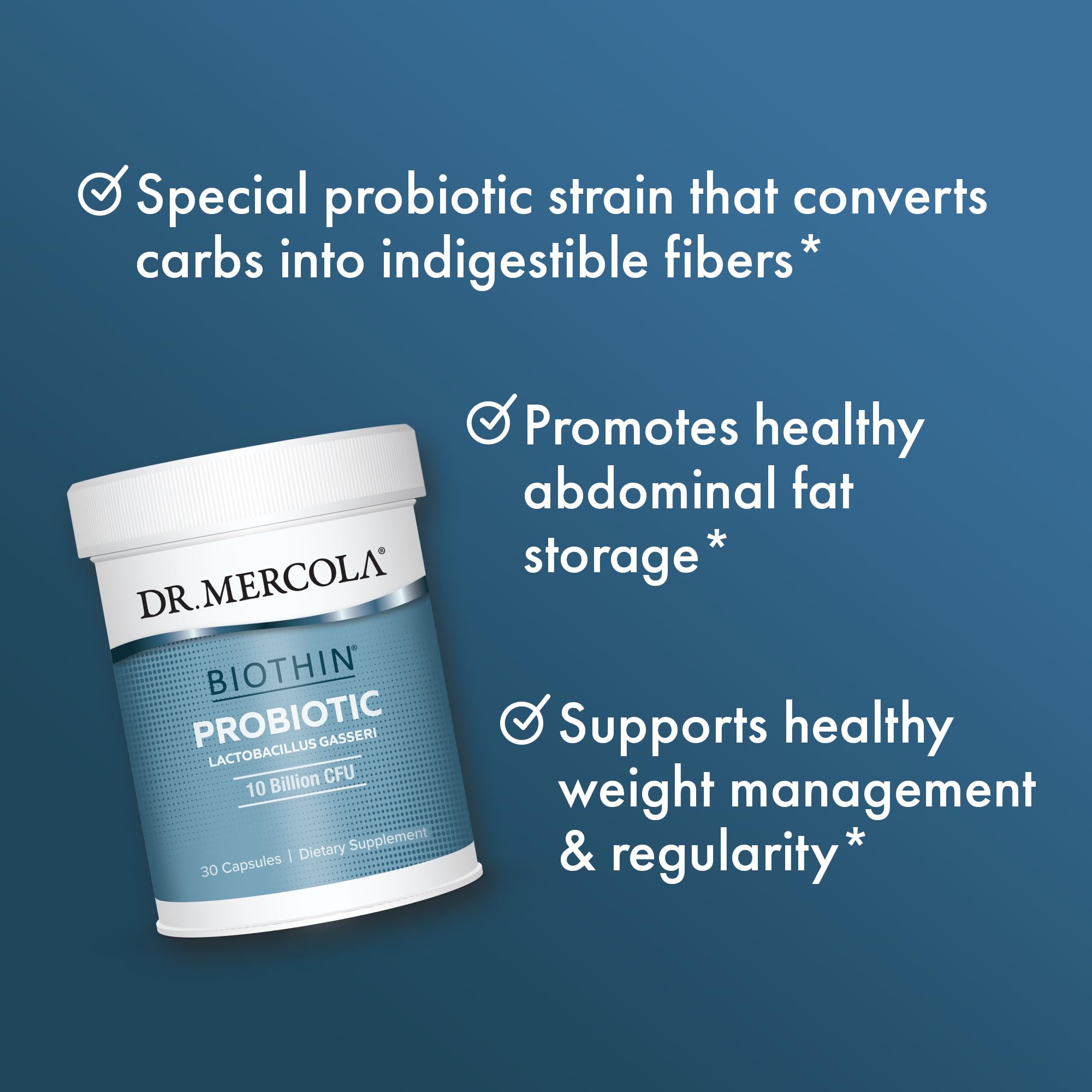 Packaging image shows GMO-free, gluten-free, and soy-free claims for Biothin Probiotic.