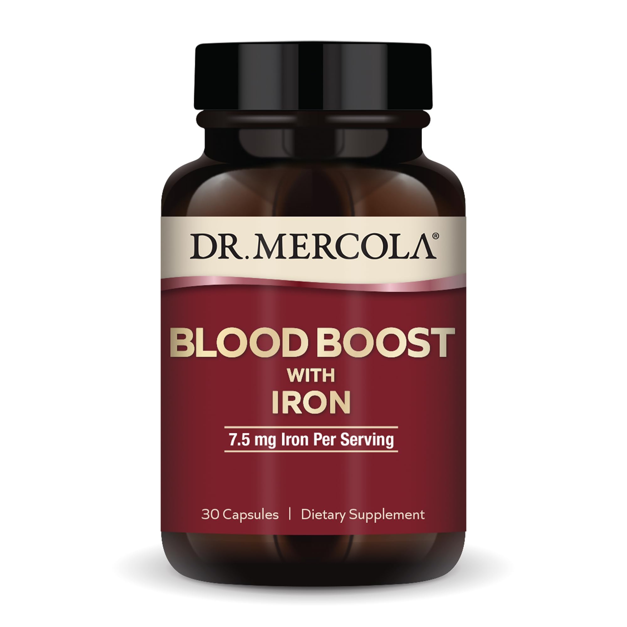 Dr. Mercola Blood Boost with Iron bottle visible showcasing iron and probiotic blend for energy support