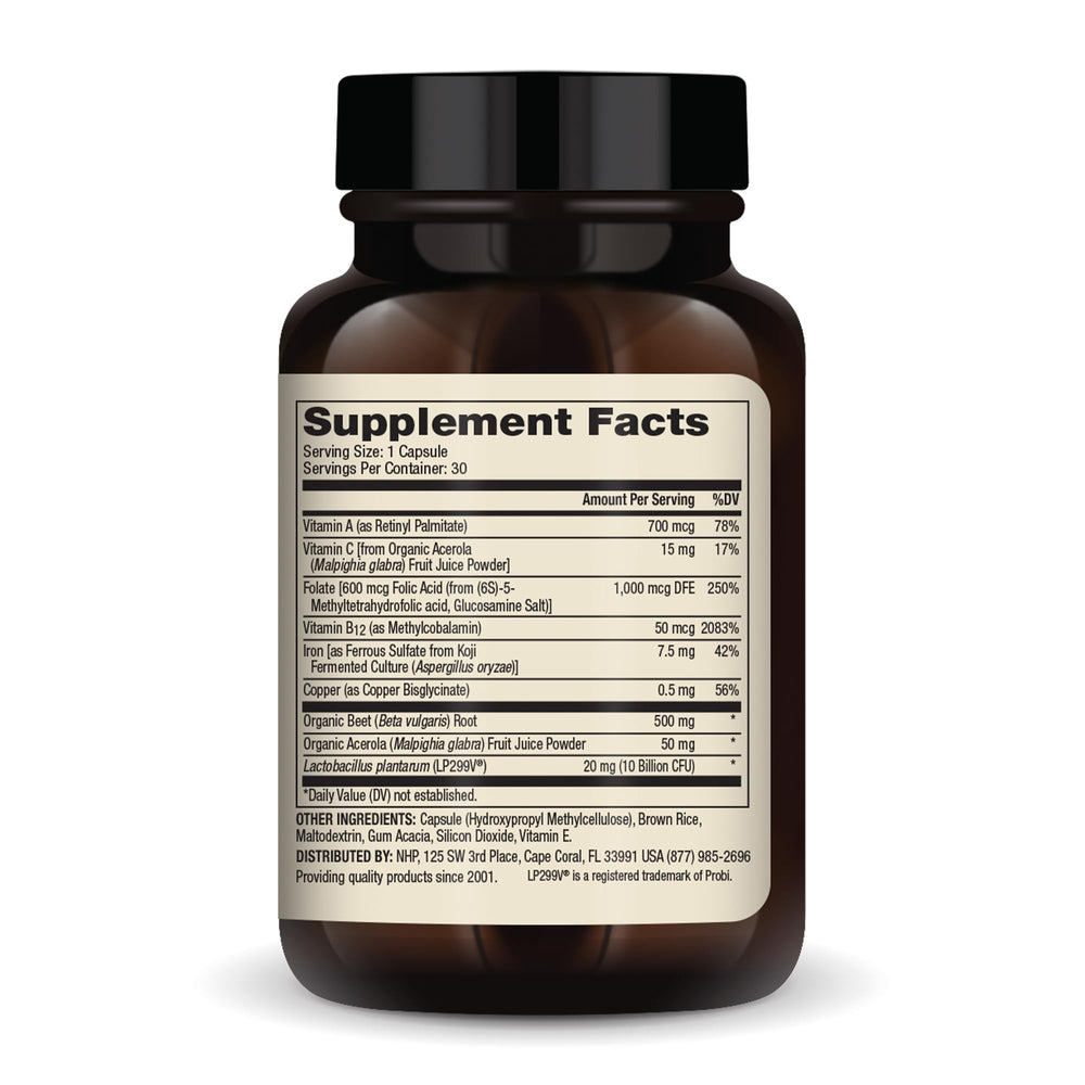 Dr. Mercola Blood Boost with Iron label close-up highlighting iron source and whole-food ingredients