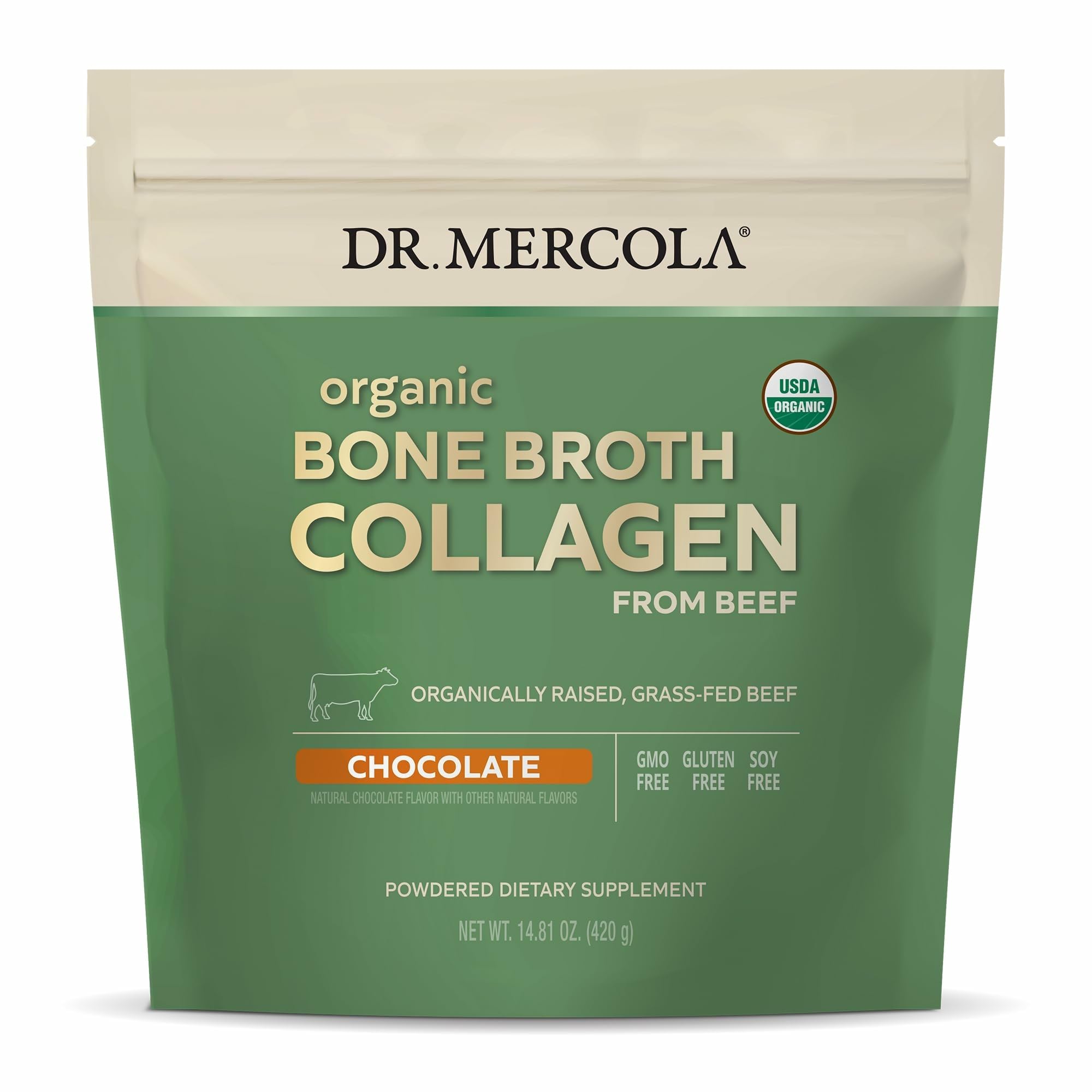 Dr. Mercola bone broth collagen powder tin supports skin, hair and nails health