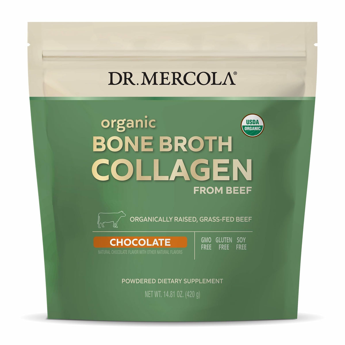 Dr. Mercola bone broth collagen powder tin supports skin, hair and nails health