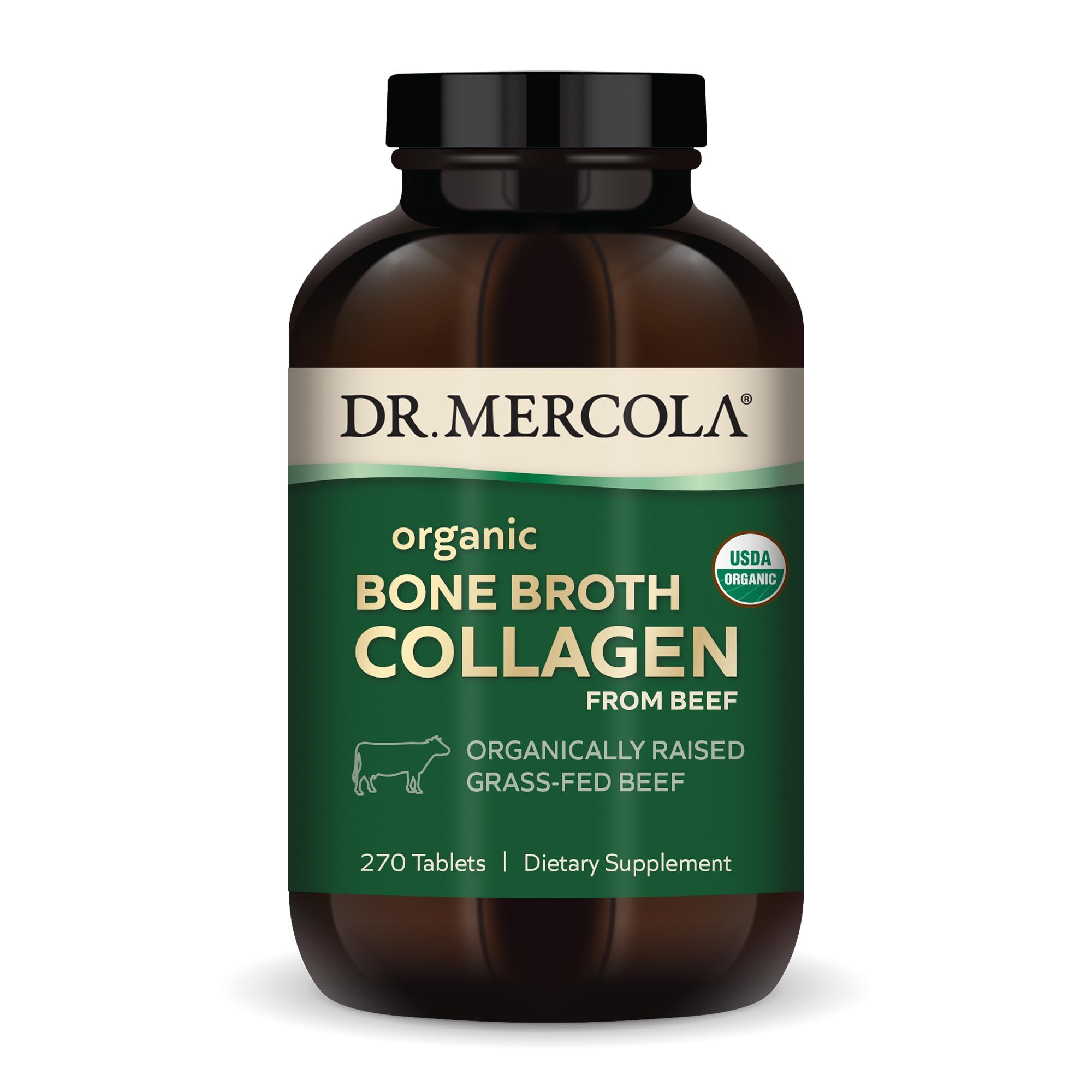 Dr. Mercola Organic Bone Broth Collagen tablets in bottle for daily joint support.