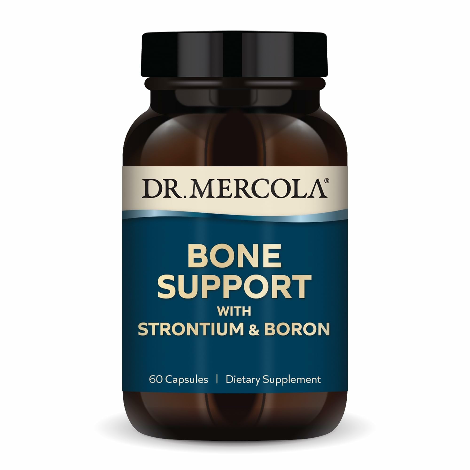 Dr. Mercola Bone Support bottle label with capsules for bone health