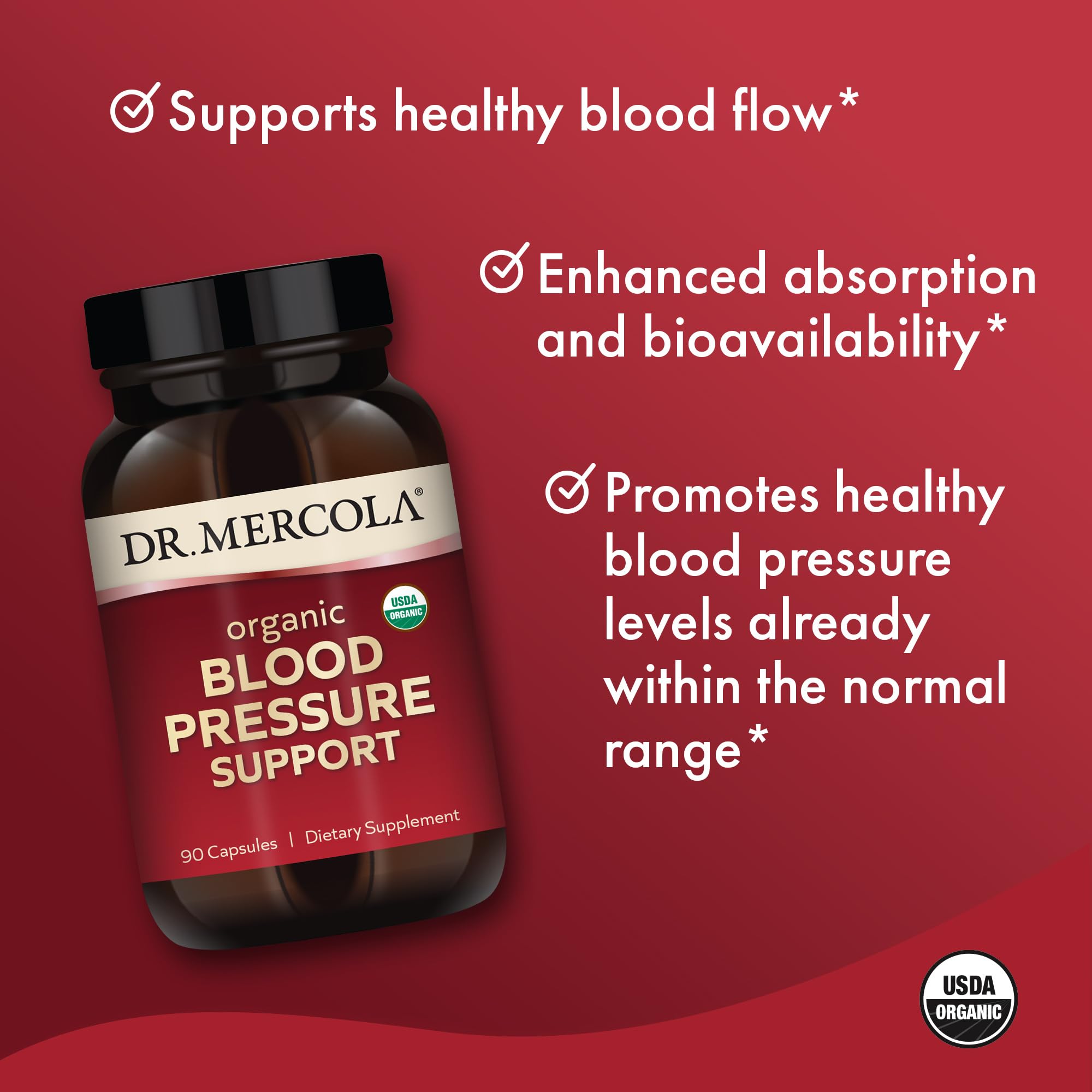 Dr. Mercola Blood Pressure Support label close-up with ingredient details.