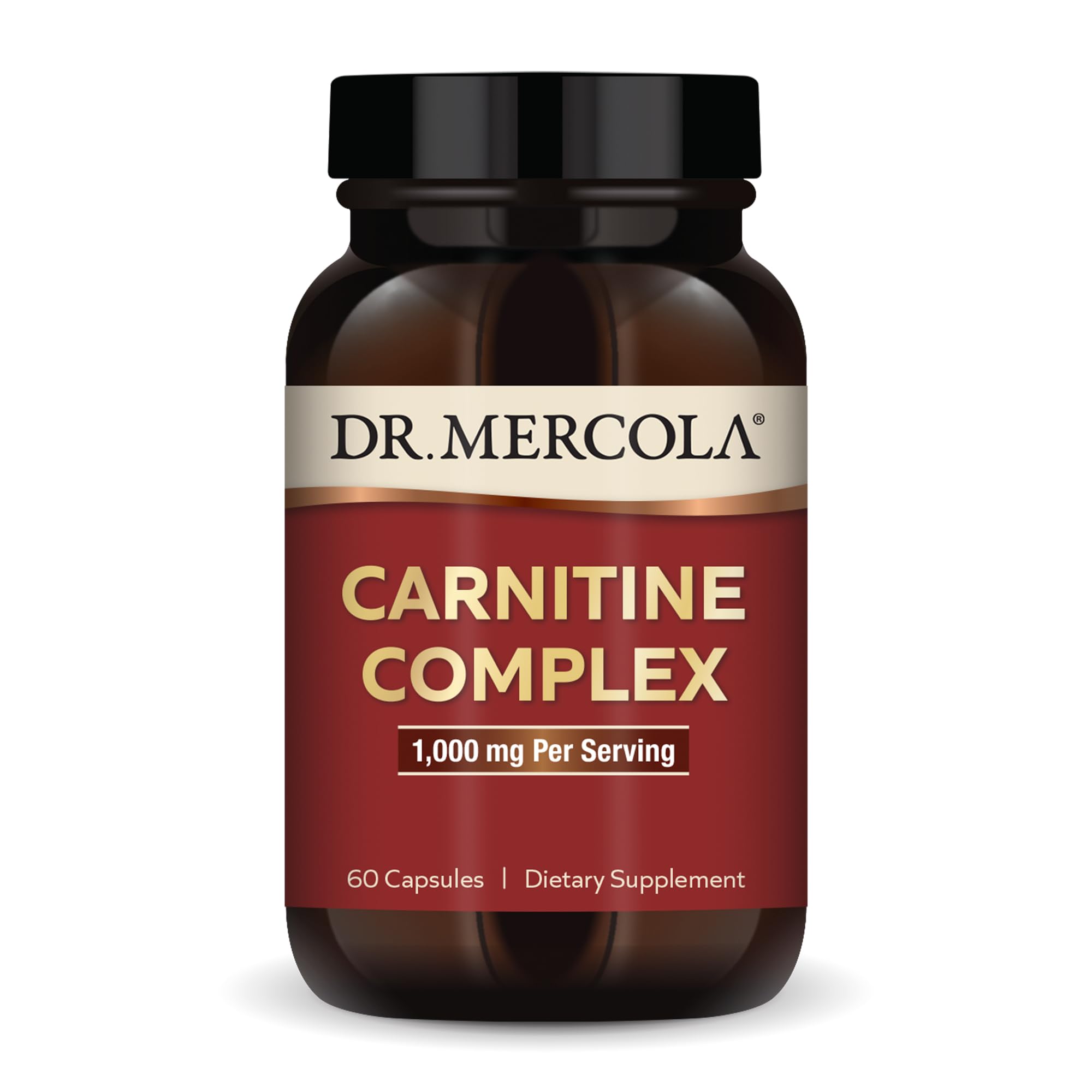 Dr. Mercola Carnitine Complex bottle shows a high-potency formula supporting energy and cellular health.