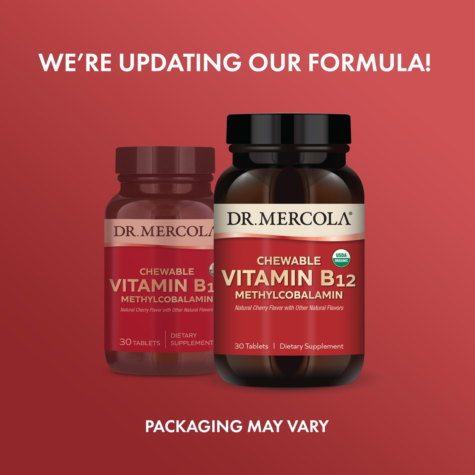 Dr. Mercola cherry-flavored B12 chewable tablet on spoon for convenient daily intake