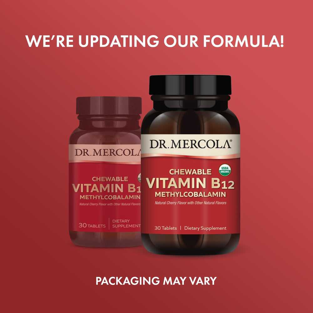 Dr. Mercola cherry-flavored B12 chewable tablet on spoon for convenient daily intake