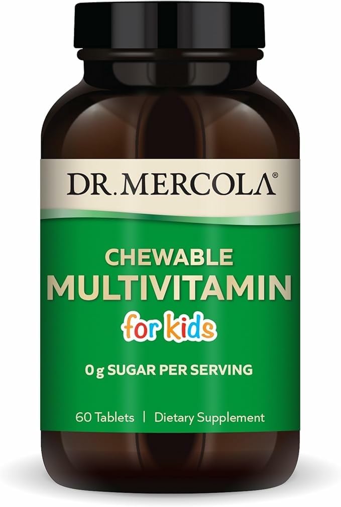 Dr. Mercola kids chewable multivitamin bottle for easy daily nutrition.
