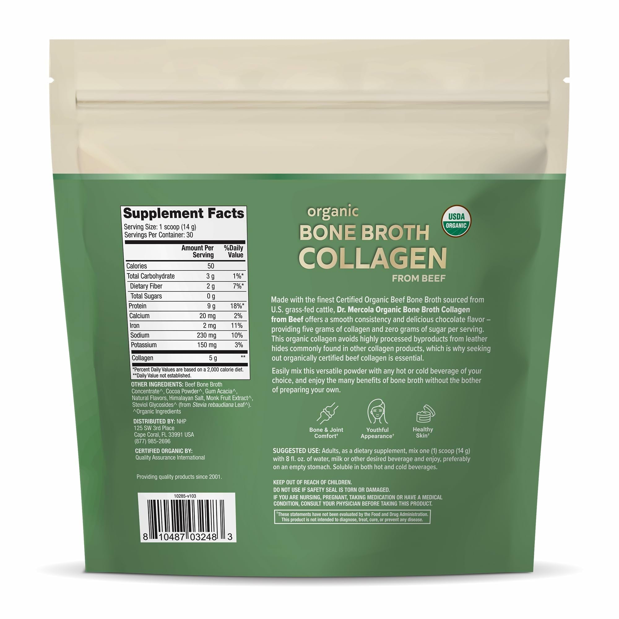 Dr. Mercola collagen powder cup with chocolate flavor blends easily