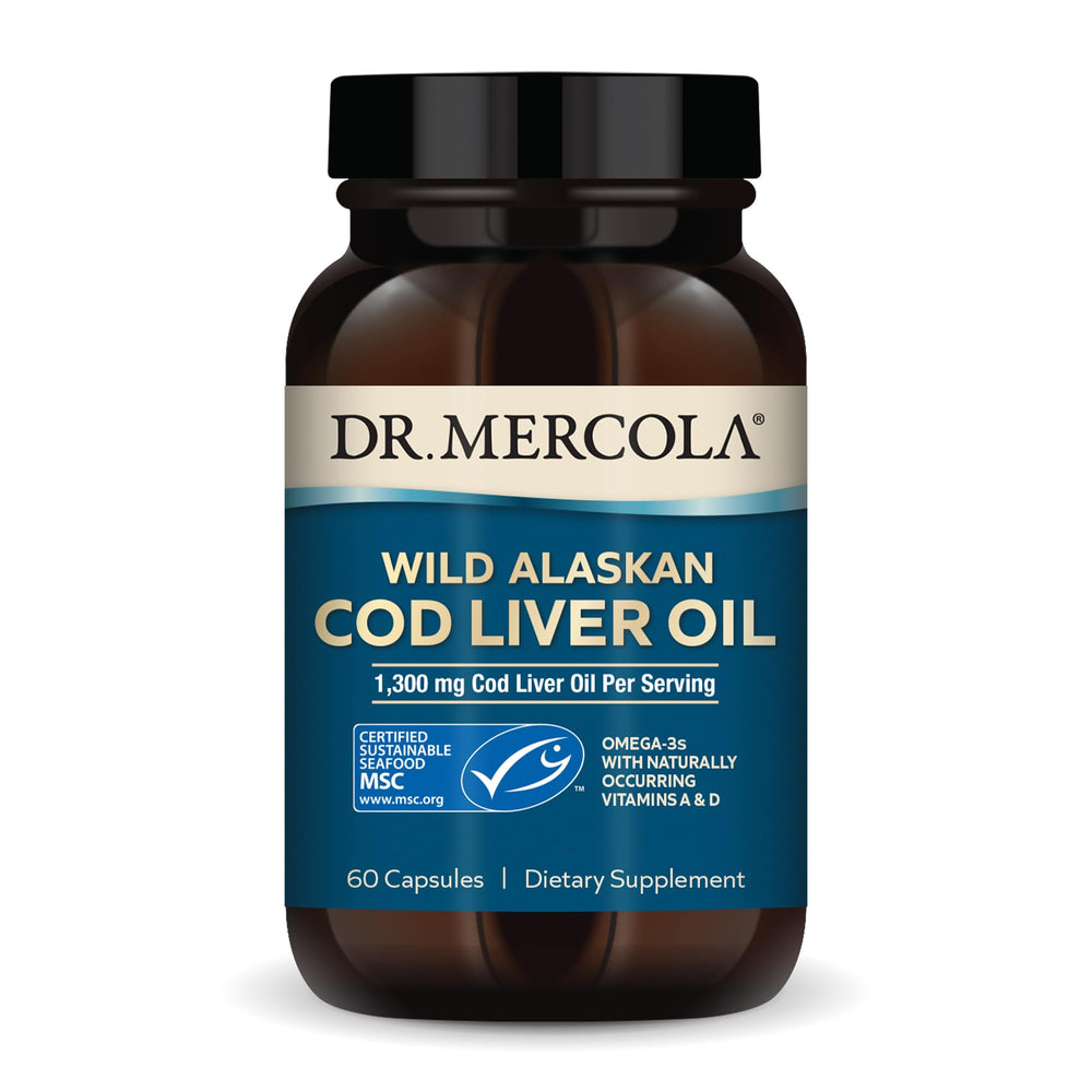 Dr. Mercola Cod Liver Oil bottle showing omega-3 blend and vitamins D and A for cellular support