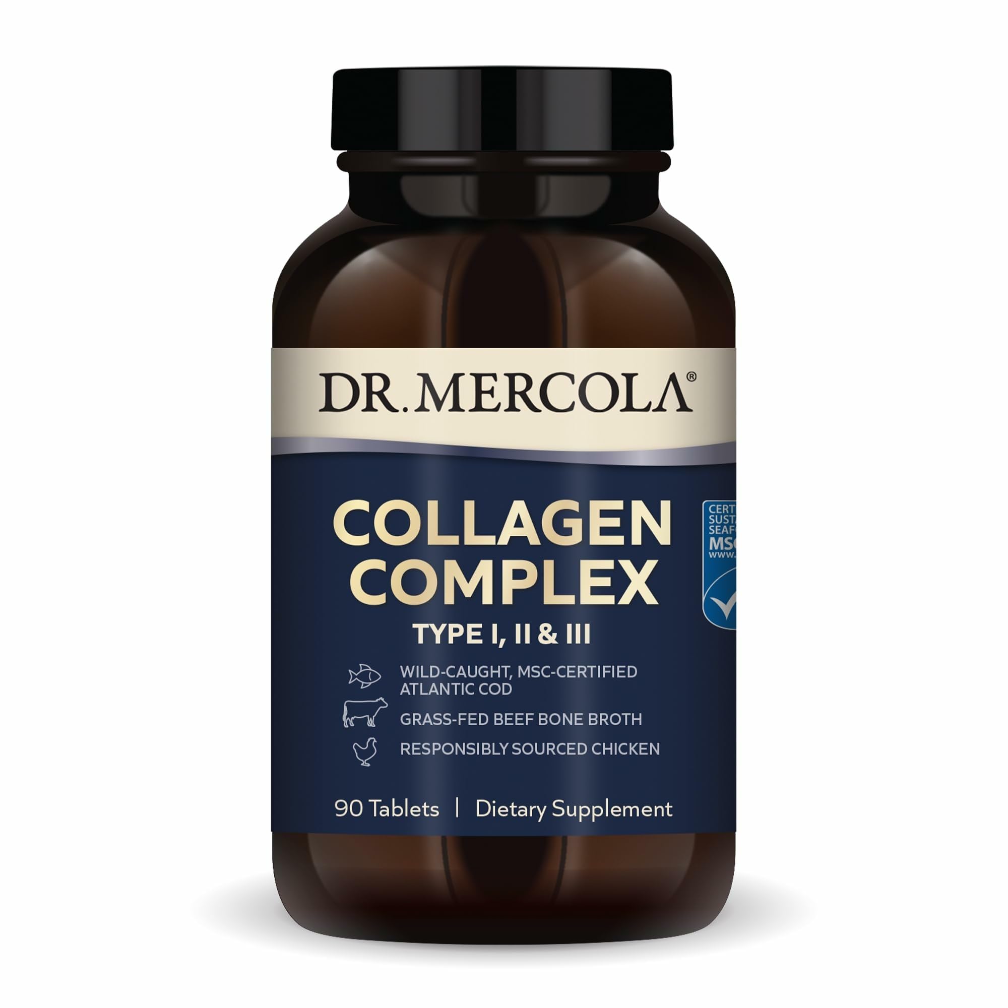 Dr. Mercola Collagen Complex bottle front view highlighting product packaging for skin support