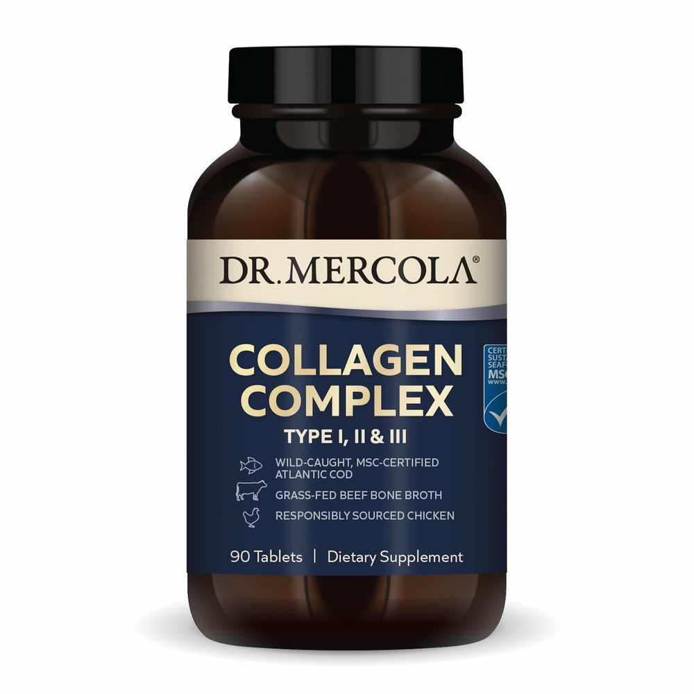 Dr. Mercola Collagen Complex bottle front view highlighting product packaging for skin support