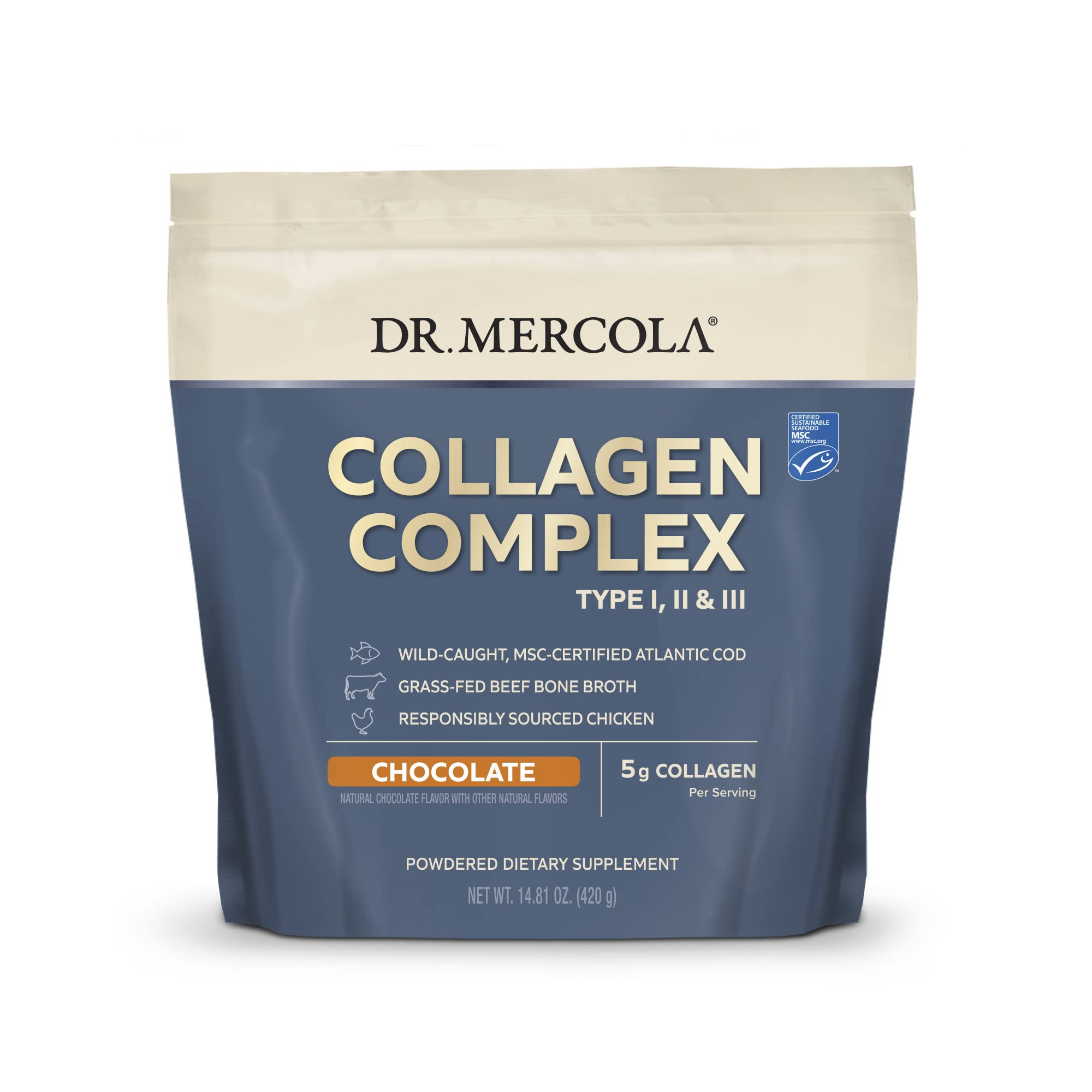 Dr. Mercola Collagen Complex chocolate powder in a jar may support skin elasticity and joint mobility.
