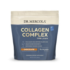 Dr. Mercola Collagen Complex chocolate powder in a jar may support skin elasticity and joint mobility.