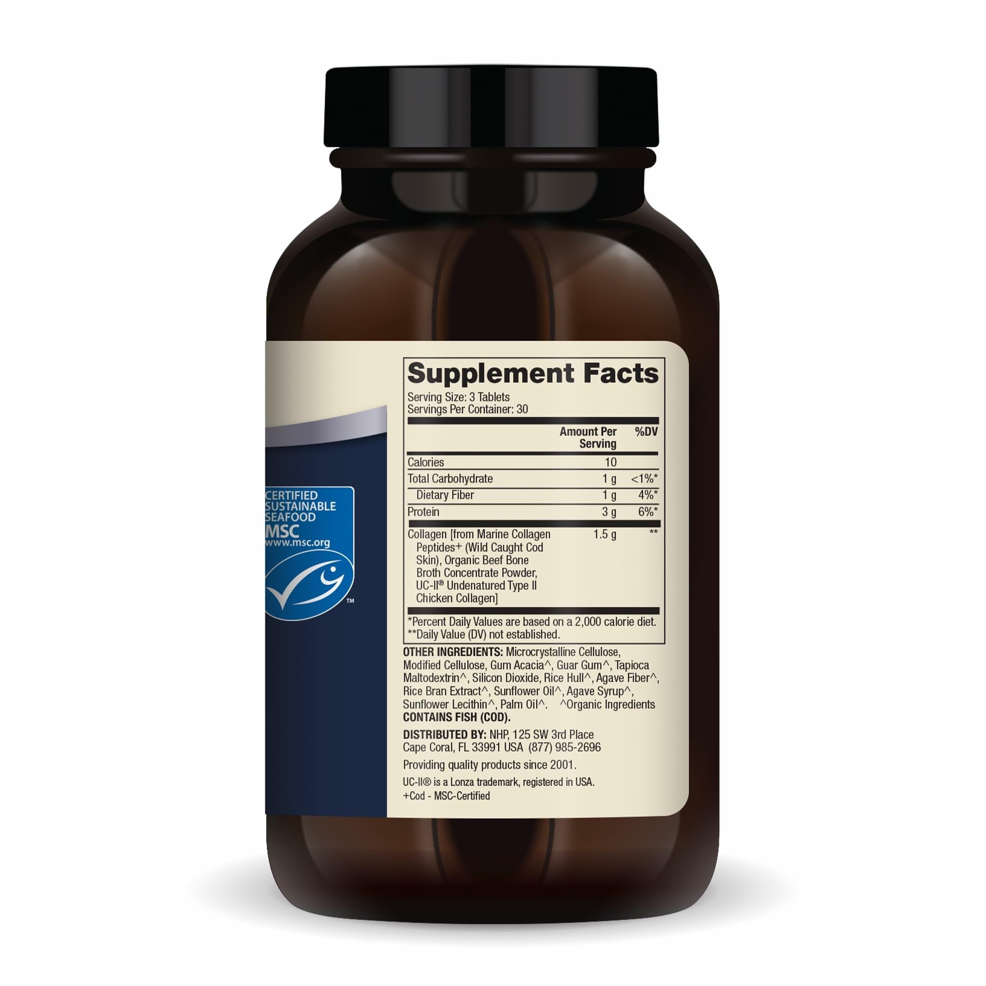 Dr. Mercola Collagen Complex label closeup showing non-GMO, gluten-free, soy-free features