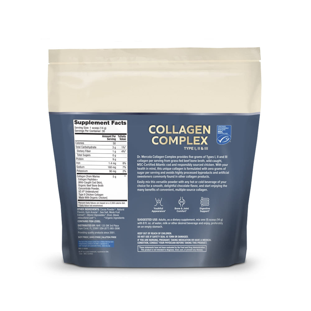 Scoop of Dr. Mercola Collagen Complex measures 5 g per serving for easy dosing.