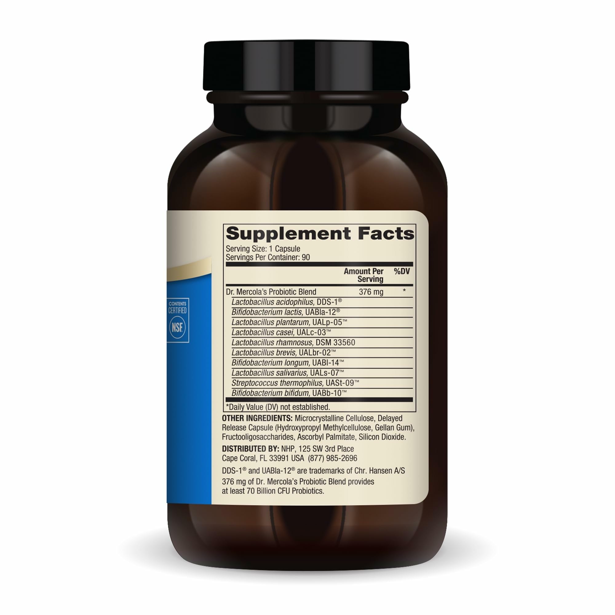 Dr. Mercola Complete Probiotics label highlighting 10 strains and shelf-stable design