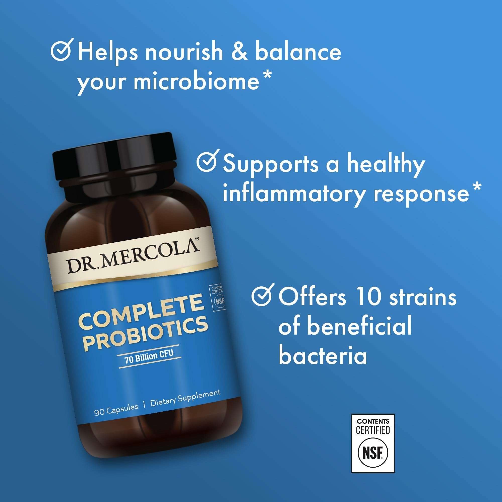 Dr. Mercola Complete Probiotics packaging shows GMO-free, gluten-free, soy-free claims