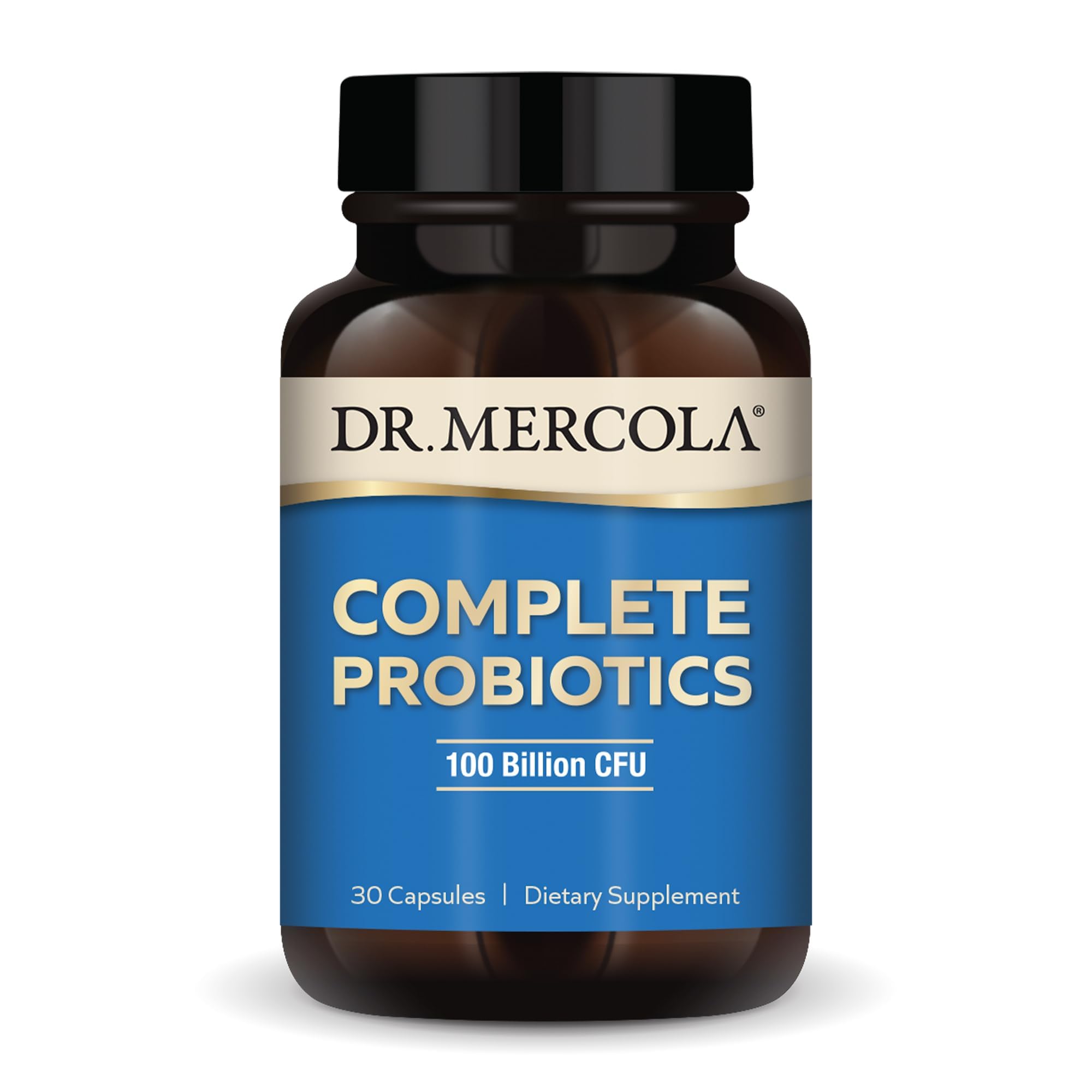 Dr. Mercola Complete Probiotics bottle shown with 100 Billion CFU support for daily balance