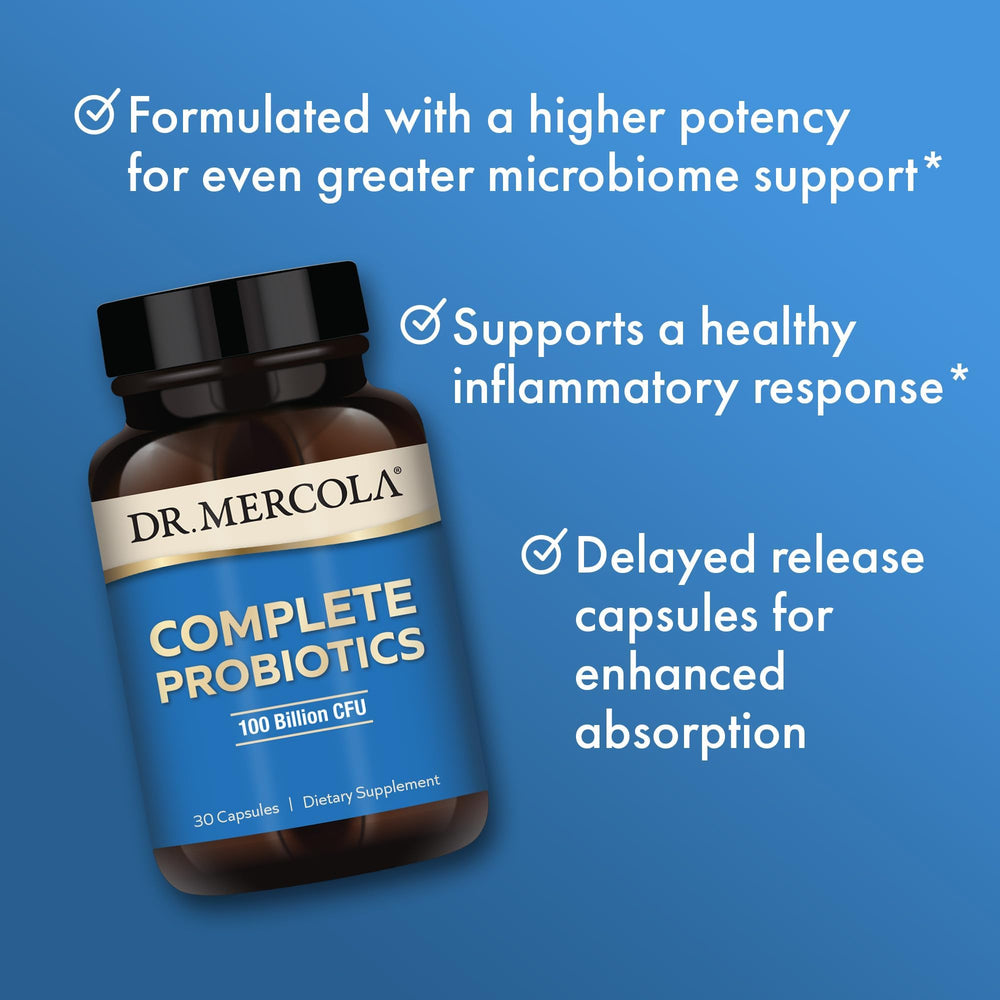 Delayed-release capsules protecting probiotic cultures from stomach acids in Dr. Mercola product
